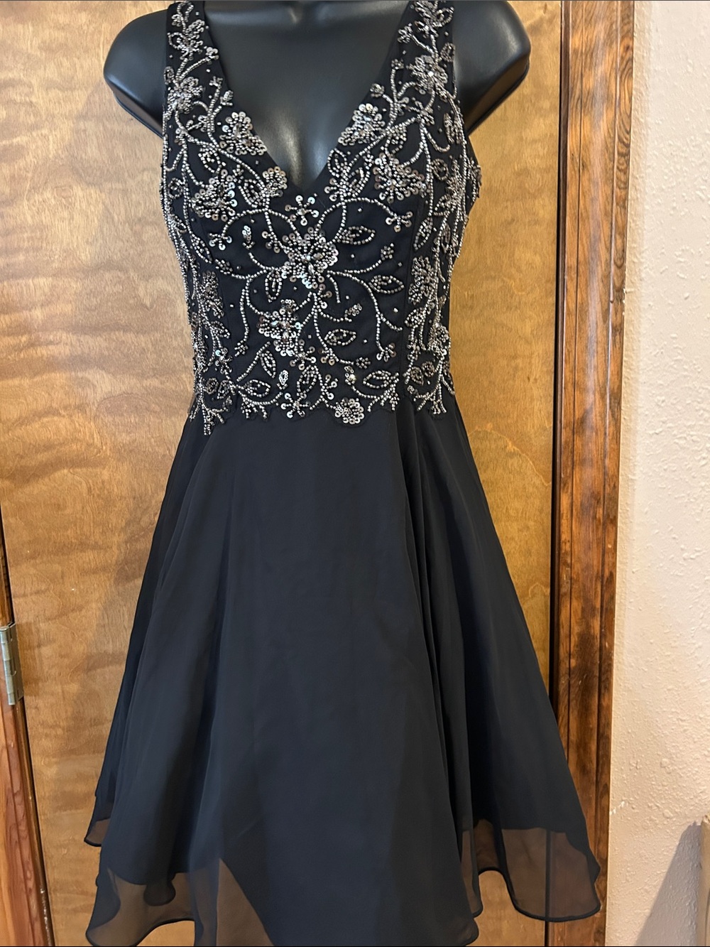 Black Beaded V-Neck A-Line Dress - Homecoming
